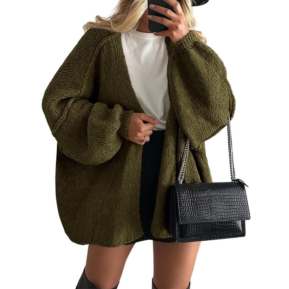 Stichou Womens Oversized Cardigan Sweaters 2025 Fall Long Lantern Sleeve Knit Open Front Lightweight Sweater Army Green L