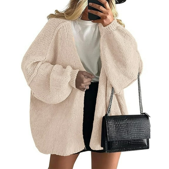 Stichou Womens Oversized Cardigan Sweaters 2025 Fall Long Lantern Sleeve Knit Open Front Lightweight Sweater Beige L