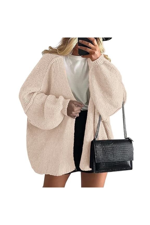 Womens Oversized Cardigan Sweaters 2025 Fall Long Lantern Sleeve Knit Open Front Lightweight Sweater Beige L