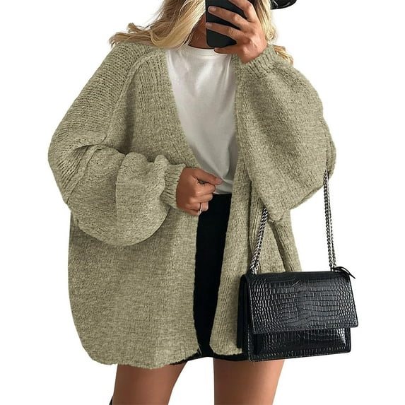 Stichou Womens Oversized Cardigan Sweaters 2025 Fall Long Lantern Sleeve Loose Chunky Knit Open Front Lightweight Sweater Light Green M