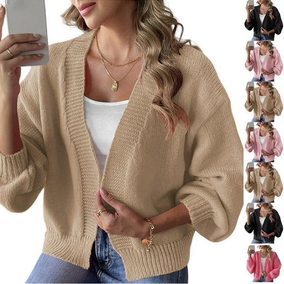 Stichou Womens Oversized Cardigan Sweaters Trendy Open Front Long Lantern Sleeve Chunky Knit Sweater Khaki XL
