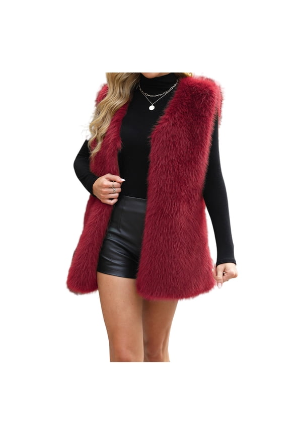 Womens Oversized Faux Fur Vests Sleeveless Open Front Cardigan Fuzzy Jacket Coat Outerwear 2025 Fall Winter Wine M