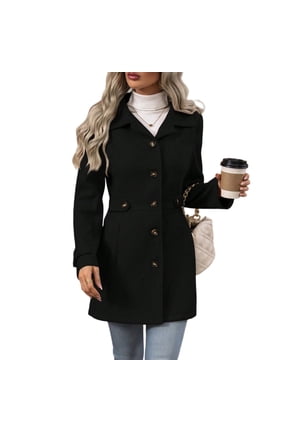 Womens Pea Coat Notched Lapel Collar Single Breasted Fall Winter Trendy Casual Wool Blend Trench Coat Jacket Black L