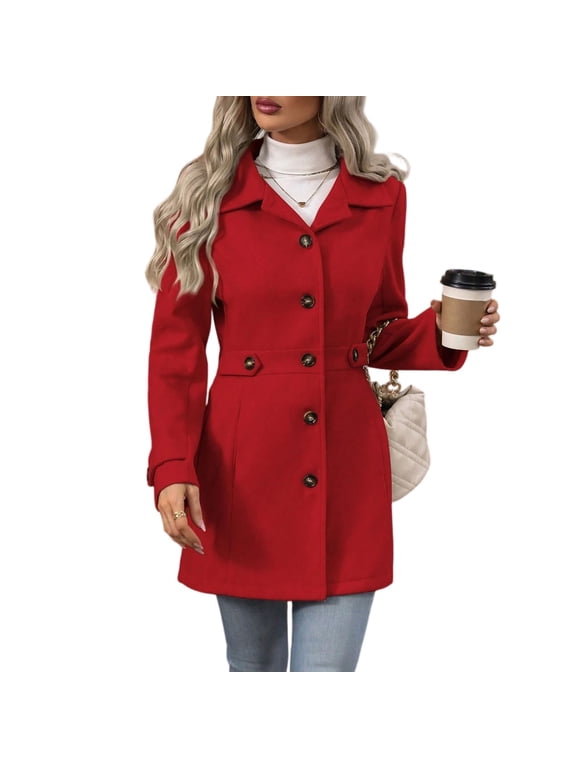 Womens Pea Coat Notched Lapel Collar Single Breasted Fall Winter Trendy Casual Wool Blend Trench Coat Jacket Red L
