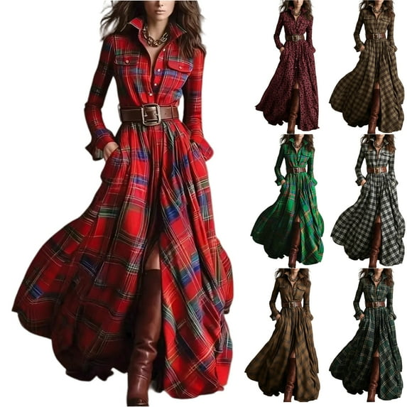 Stichou Womens Plaid Maxi Dress 2026 Vintage Long Sleeve V Neck Button Down Flowy French Retro Checkered Ruffle Maxi Shirt Dresses Wine XL