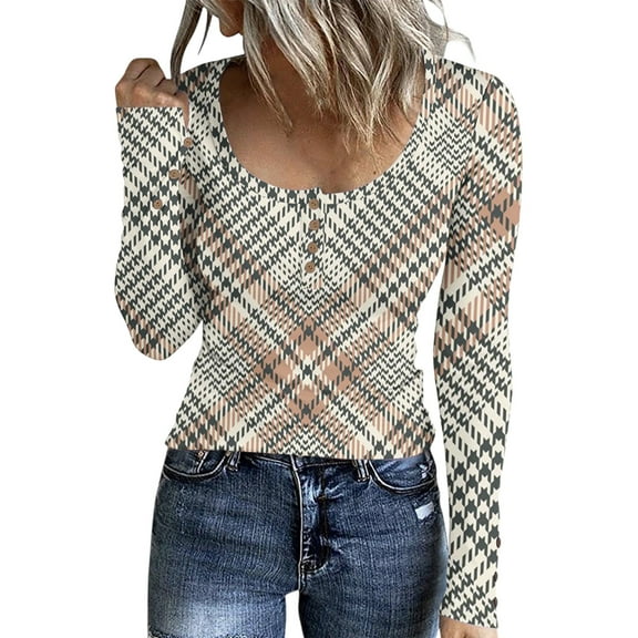 Stichou Womens Plaid Shirts Long Sleeve Slim Fit Basic Tops Casual Button T-Shirts Fall Fashion Outfits Gray S