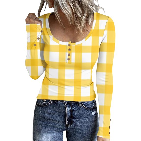 Stichou Womens Plaid Shirts Long Sleeve Slim Fit Basic Tops Loose Fit Button Tee Winter Trendy Outfits Yellow XL