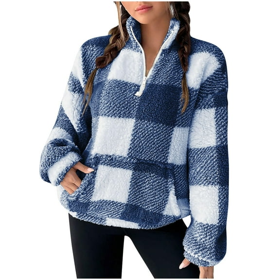 Stichou Womens Plaid Sweatshirt Sherpa Quarter Zip Pullover Fall Winter 2025 Long Sleeve Fleece Sweaters Hoodies Blue M
