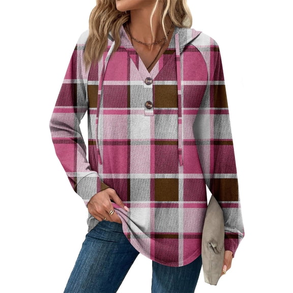Stichou Womens Plaid Tops Henley Button Sweatshirt for Women Pullover Long SLeeve Shirts Fall Outfits 2025 Loose Fit Hot Pink L