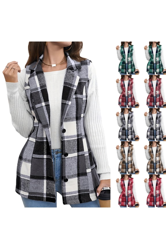 Womens Plaid Vest Sleeveless Lapel Neck Button Down Outerwear Vest Top Fall Casual Flannel Blazer Jackets Dark Gray M