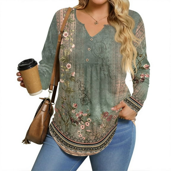 Stichou Womens Plus Size Long Sleeve Shirts Fall Tunic Top V-neck T-Shirt Button Up Dressy Casual Blouse Army Green L