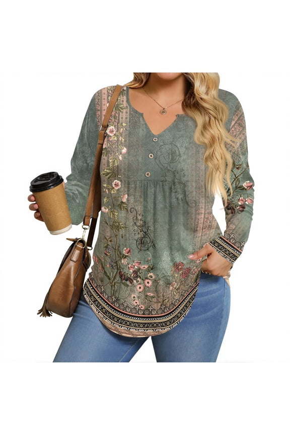 Womens Plus Size Long Sleeve Shirts Fall Tunic Top V-neck T-Shirt Button Up Dressy Casual Blouse Army Green L