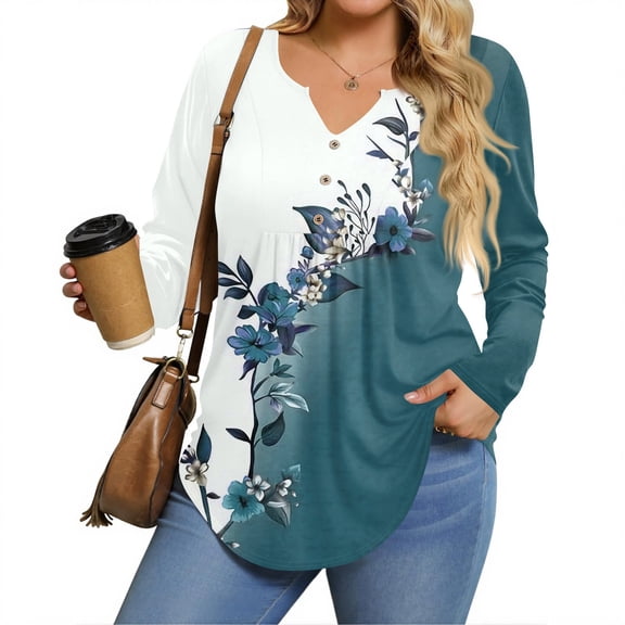Stichou Womens Plus Size Long Sleeve Shirts Fall Tunic Top V-neck T-Shirt Button Up Dressy Casual Blouse Light Blue L