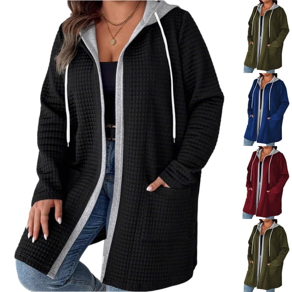Stichou Womens Plus Size Patchwork Hooded Sweatshirt 2026 Long Sleeve Open Front Jacket Coat Casual Spring Winter Outwear with Pockets Black 3XL
