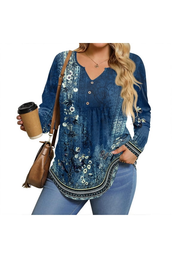 Womens Plus Size Tops Long Sleeve Shirts Button V Neck Flowy Tunic Fall Casual Loose Blouse Dark Blue 2XL