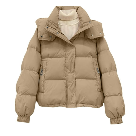 Stichou Womens Puffer Jacket Casual Zipper Padded Keep Warm Cold Protection Long Sleeve Parkas Winter Clothing for Women Khaki L