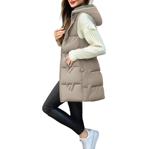 Stichou Womens Puffer Vest Winter Hooded Sleeveless Zip Up Long Puffy Jacket Warm Thick Quilted Coats with Pockets Beige L