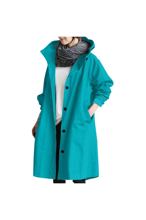 Womens Rain Coat with Hood Waterproof Plus Size Long Rain Jacket Trench Coat Windbreaker for Women Cyan 3XL