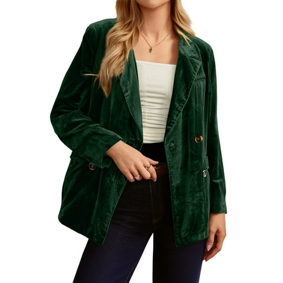 Stichou Womens Retro Velvet Blazer Lightweight Cozy Button Outerwear Solid Color Lapel Open Front Jacket Coat with Pockets Dark Green 2XL
