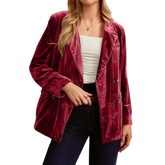 Stichou Womens Retro Velvet Blazer Lightweight Cozy Button Outerwear Solid Color Lapel Open Front Jacket Coat with Pockets Wine L