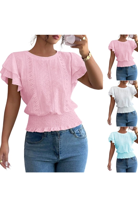 Womens Ruffle Tops Short Sleeve Banded Bottom Blouses Daily Casual Crew Neck 2026 Summer Spring T Shirts Elastic Waist Smocked Blouses Pink 5XL