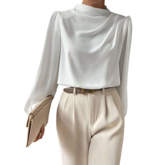 Stichou Womens Satin Silk Blouses 2026 Business Casual Dressy Elegant Shirts Mock Neck Long Sleeve Twist Front Office Work Tops White XL