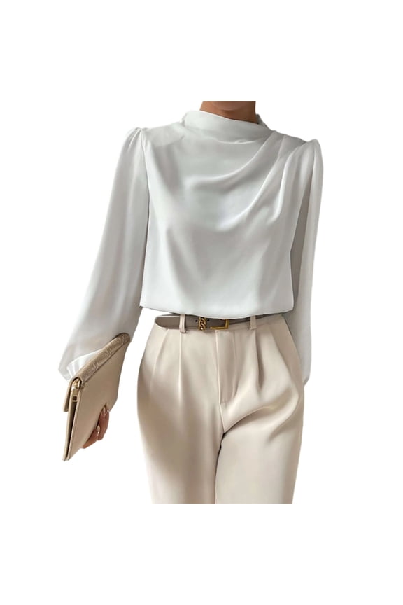 Womens Satin Silk Blouses 2026 Business Casual Dressy Elegant Shirts Mock Neck Long Sleeve Twist Front Office Work Tops White XL