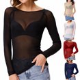 thumbnail image 1 of Stichou Womens Sheer Mesh Tops Long Sleeve Shirts Mock Neck See-Through Slim Ladies Blouse T-Shirt Clubwear Black L, 1 of 9