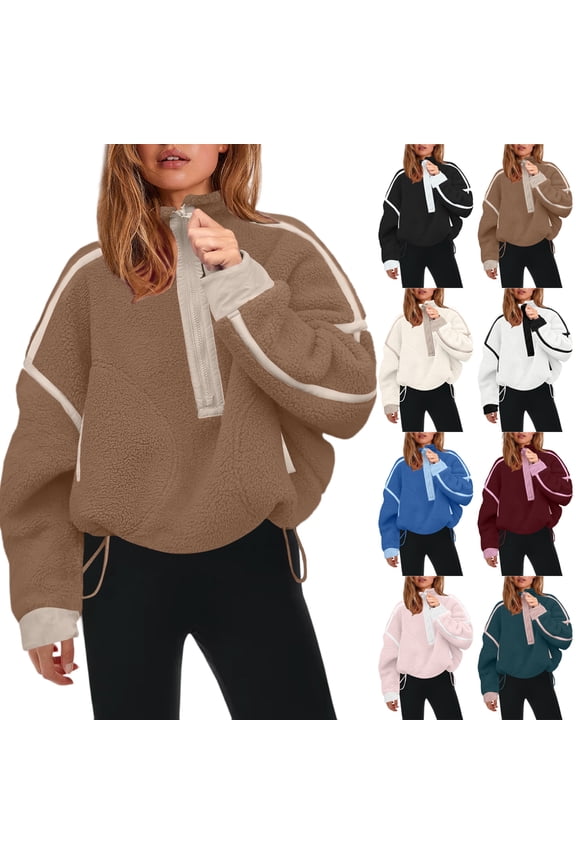 Womens Sherpa Fleece Sweatshirts Half Zip Pullover Oversized Mockneck Parke Sweatshirt Jacket Warm Fuzzy Sweater Coffee S