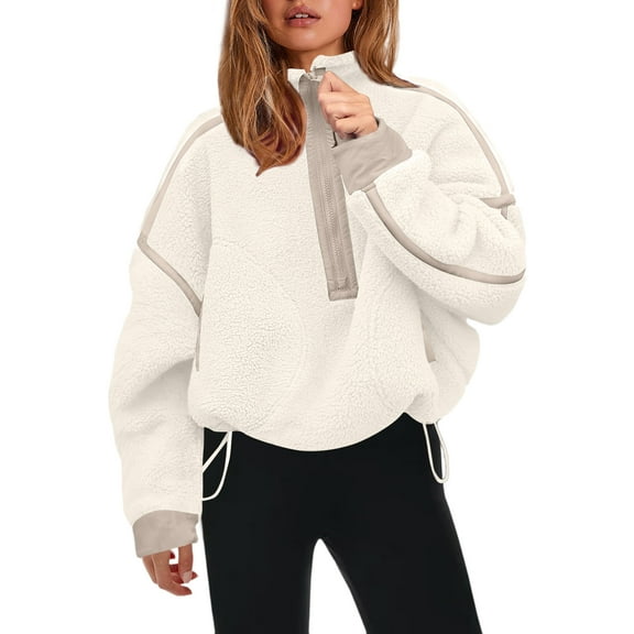 Stichou Womens Sherpa Fleece Sweatshirts Half Zip Pullover Oversized Mockneck Parke Sweatshirt Jacket Warm Fuzzy Sweater Khaki S