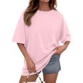 thumbnail image 1 of Stichou Womens Short Sleeve T Shirts Summer Spring Trendy Tops Casual Solid Crew Neck Loose Fit Basic Tees Light pink M, 1 of 5