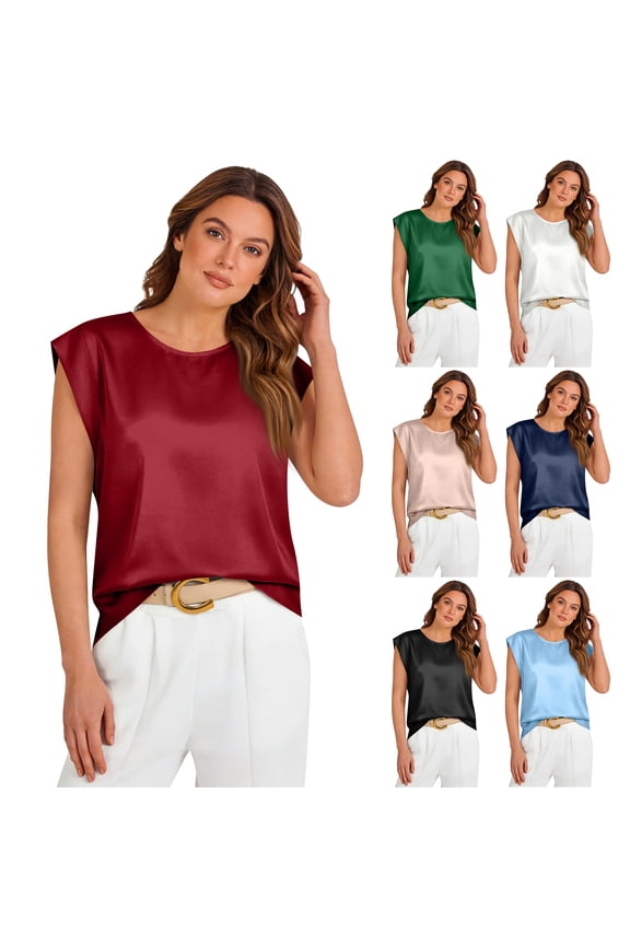 Womens Silk Satin Tops 2026 Summer Spring Cap Sleeve Shirts Dressy Crew Neck Tank Tops Loose Business Casual Blouse Wine S