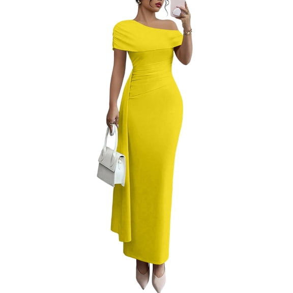 Stichou Womens Slant Neck Short Sleeve Spring Summer Slim Maxi Dress Elegant Solid Long Semi Formal Dress for Wedding Guest Yellow L
