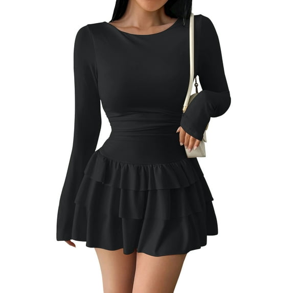 Stichou Womens Spring Fall Long Sleeve Mini Dress Casual Layered Ruffle Hem Short Going Out Dresses Black L