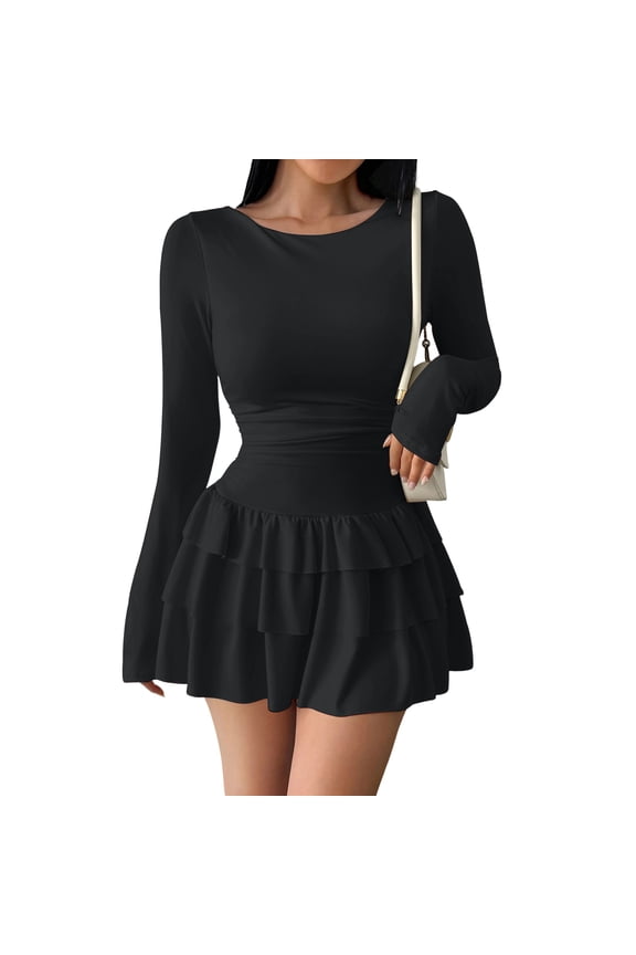 Womens Spring Long Sleeve Mini Dress Casual Layered Ruffle Hem Short Going Out Dresses Black XS