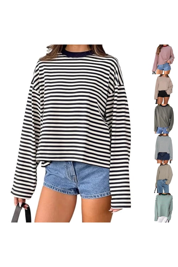 Womens Striped Long Sleeve Shirt Y2k Spring Crewneck Vintage Tops Fall Winter Drop Shoulder Cute Preppy Pullover Black L