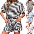 thumbnail image 1 of Stichou Womens Striped Summer 2 Piece Short Sets Short Sleeve T Shirts Drawstring Shorts Casual Outfits Lounge Pajama Sets Black XL, 1 of 4