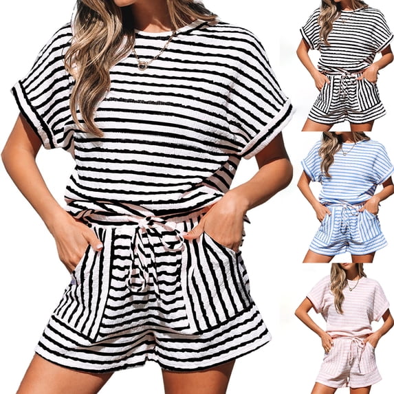 Stichou Womens Striped Summer 2 Piece Short Sets Short Sleeve T Shirts Drawstring Shorts Casual Outfits Lounge Pajama Sets Black XL