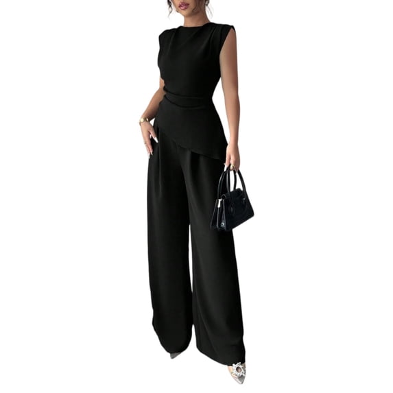 Stichou Womens Summer 2 Piece Outfit Set Dressy Casual Sleeveless Tank Tops Crew Neck Wide Long Leg Pants with Pockets Black S