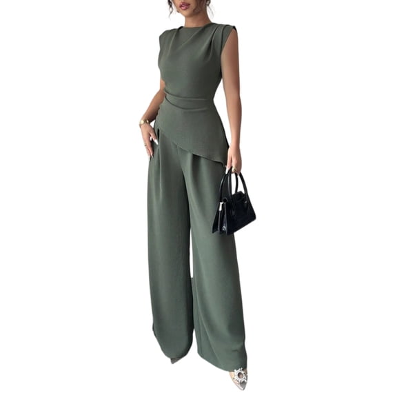 Stichou Womens Summer 2 Piece Outfit Set Dressy Casual Sleeveless Tank Tops Crew Neck Wide Long Leg Pants with Pockets Green S