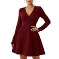 thumbnail image 1 of Stichou Womens Sweater Dress 2025 Fall Long Sleeve V Neck A Line Fit and Flare Ribbed Short Dresses Knit Outfits Wine XL, 1 of 5