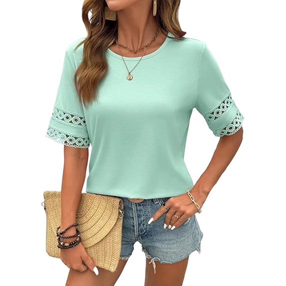 Stichou Womens T Shirts Crewneck Short Sleeve Shirt Hollow Out Tee Blouses Spring Summer Tops for Women Mint Green L