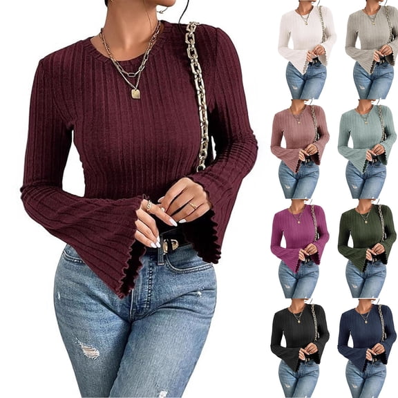 Stichou Womens T-Shirts Long Bell Sleeve Top Spring Pullover for Women - Lightweight,Knit,Crewneck,Going Out,Fall Fashion 2026 Wine L