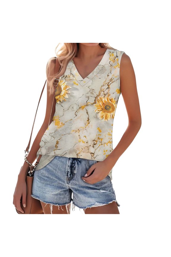 Womens Tank Tops Casual Floral Graphic Tee Comfortable V Neck Blouse 2026 Spring Summer Sleeveless Clothes Watermelon Red 4XL