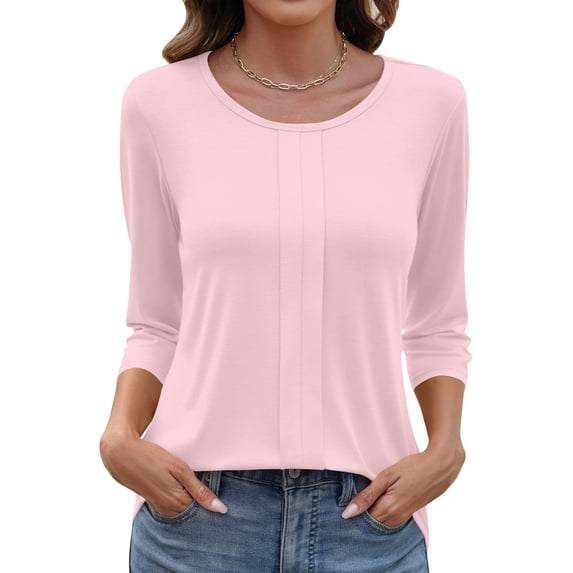 Stichou Womens Tops 3/4 Sleeve Spring Summer Casual Crewneck Pleated Tunic Tops Beach Vacation T Shirts Pink 3XL
