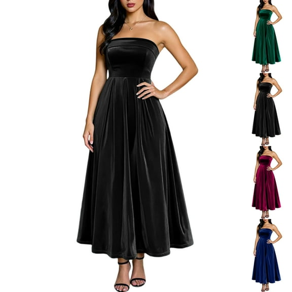 Stichou Womens Tube Sleeveless Velvet Cocktail Dresses High Waist Party Maxi Wedding Guest Ruched A Line Dress Black XL