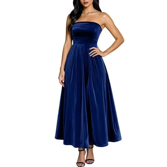 Stichou Womens Tube Sleeveless Velvet Cocktail Dresses High Waist Party Maxi Wedding Guest Ruched A Line Homecoming Dress Blue XL