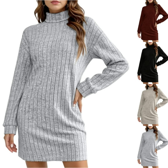 Stichou Womens Turtleneck Long Sleeve Knitted Dress Pullover Sweaters Solid Slim Jumper Dresses Winter Warm Bottoming Dress Light Gray S