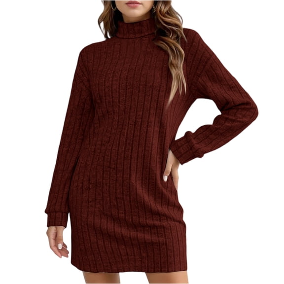 Stichou Womens Turtleneck Long Sleeve Knitted Dress Pullover Sweaters Solid Slim Jumper Dresses Winter Warm Bottoming Dress Wine S