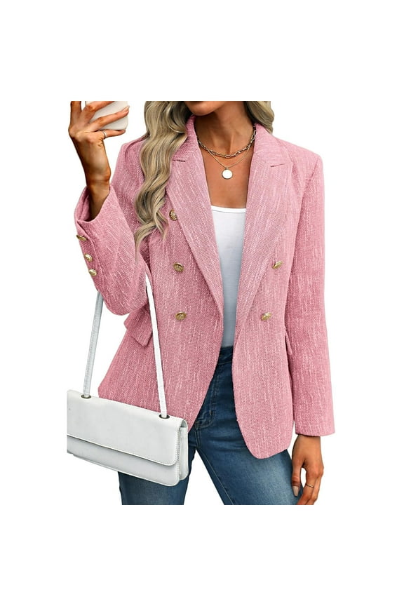 Womens Tweed Blazers Casual Long Sleeve Double Breasted Open Front Fall Blazer Jackets Work Suits Pink XL
